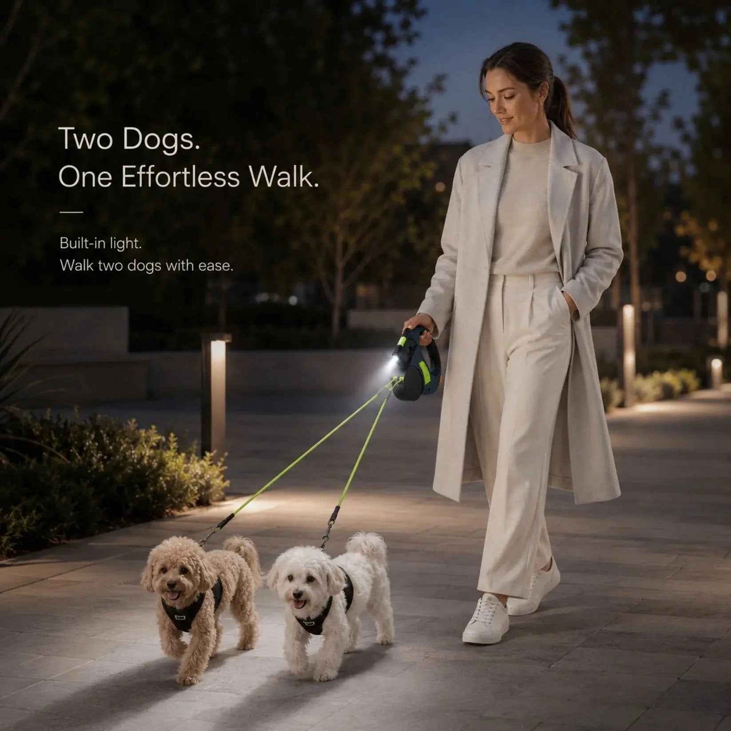 Dual Retractable Dog Leash with Built-In Flashlight and Waste Bag Holder