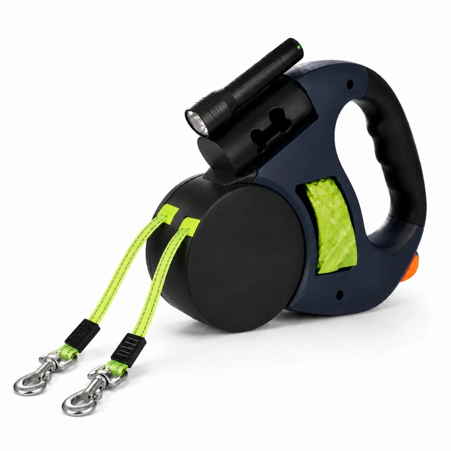 Dual Retractable Dog Leash with Built-In Flashlight and Waste Bag Holder