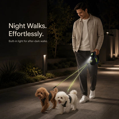 Dual Retractable Dog Leash with Built-In Flashlight and Waste Bag Holder